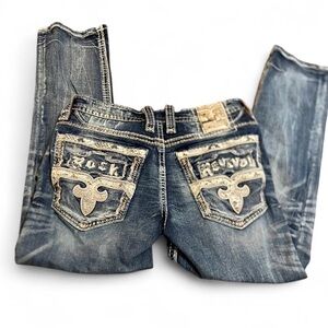 Rock Revival Mens Jeans Raien Straight 34x31 Distressed Light Wash